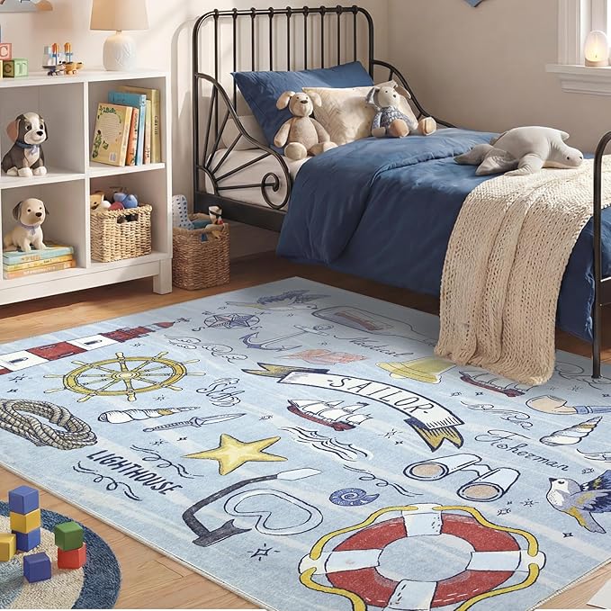 OPPODREAM Nautical Soft Area Rugs 5x7, Washable Blue Rug with Non Slip Backing, 5 x 7 Faux Cashmere Low-Pile 5x7 Carpet
