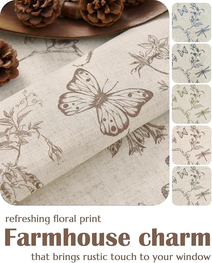jinchan Floral Linen Curtains for Living Room 84 Inch Length Butterfly Curtain Taupe Floral Curtains French Country Farmhouse Curtain Flower Patterned Drapes Window Treatment Set 2 Panels