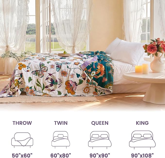 MSGKV Boho Throw Blanket 90"x108" Floral Blanket for Bed 100% Cotton Spring Breathable Lightweight Farmhouse King Blankets All Seasons Home Decor Muslin