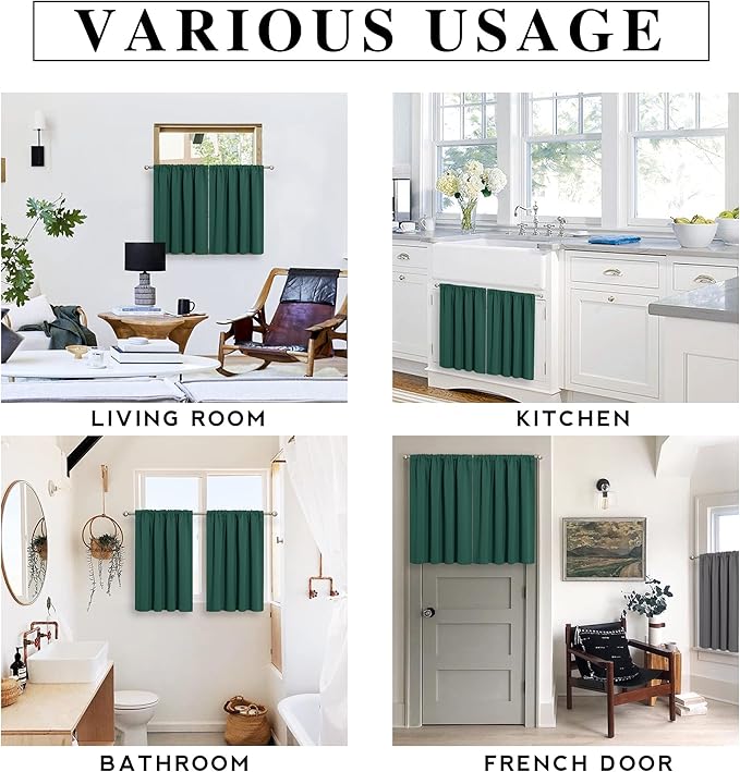 RYB HOME Short Hunter Green Blackout Curtains for Small Bedroom Window, Insulating UV Blocking Drapes for Kitchen Cafe Basement, Privacy Tiers for Bathroom Window, Width 42 by Length 36, Set of 2