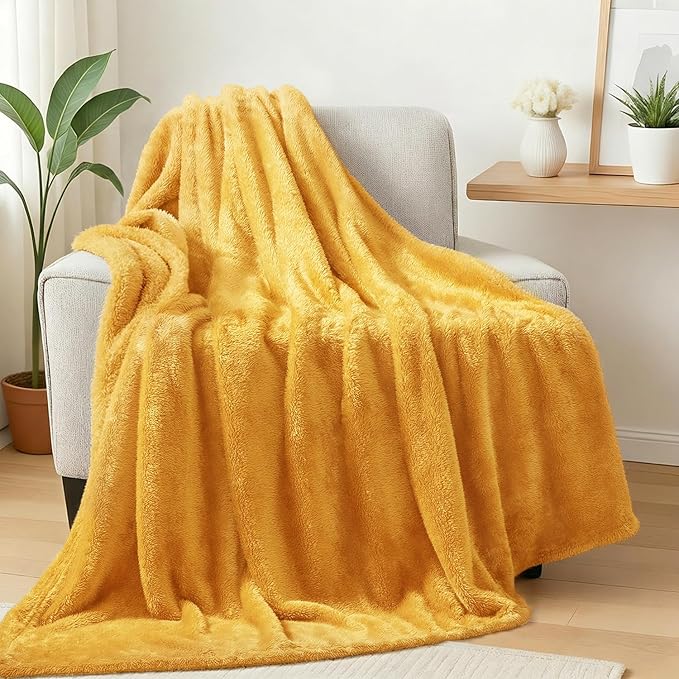 Exclusivo Mezcla Plush Fuzzy Fleece Throw Blanket Extra Large, Super Soft, Fluffy and Warm Blankets for Couch, Bed, All Season (Mustard Yellow, 50x70 inches)