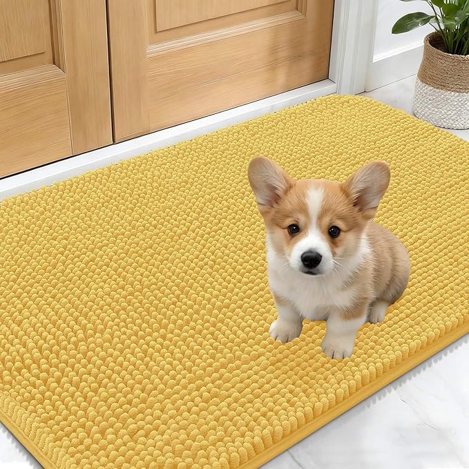 OLANLY Dog Door Mat for Muddy Paws 24x16, Absorbs Moisture and Dirt, Absorbent Non-Slip Washable Doormat, Quick Dry Chenille Mud Mat for Dogs, Entry Indoor Entryway Carpet for Inside Floor, Yellow