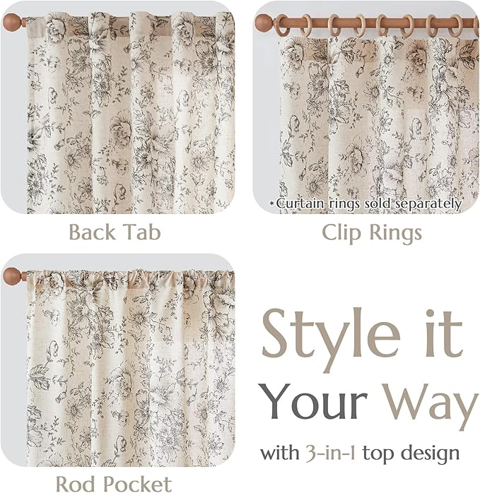 jinchan Linen Floral Curtains 63 Inch Length for Living Room Bedroom Light Filtering Farmhouse Peony Flower Drapes Rustic Window Curtain Set Rod Pocket Back Tab 2 Panels Black