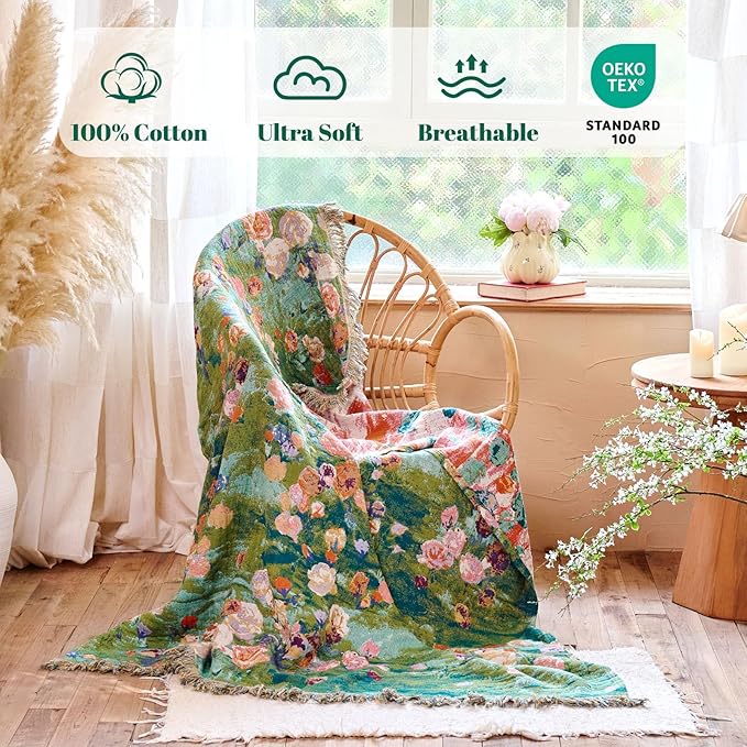 MSGKV Boho Throw Blanket for Couch Cotton Floral Blanket 50"x60" for Sofa Chair Throws Muslin Spring Breathable Lightweight Farmhouse Blankets Home Decor All Seasons