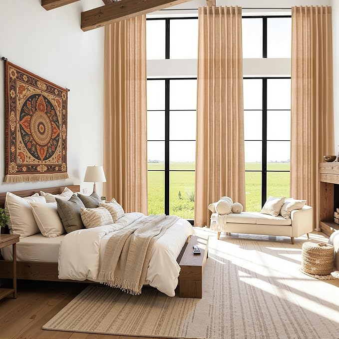 Nanspring Camel Linen Curtains for Living Room Extra Long 144 Inches Long Back Tab Light Filtering Semi Sheer Curtain Vintage Rustic Decor Floor to Ceiling High Window for Bedroom 52x144, 2 Panels