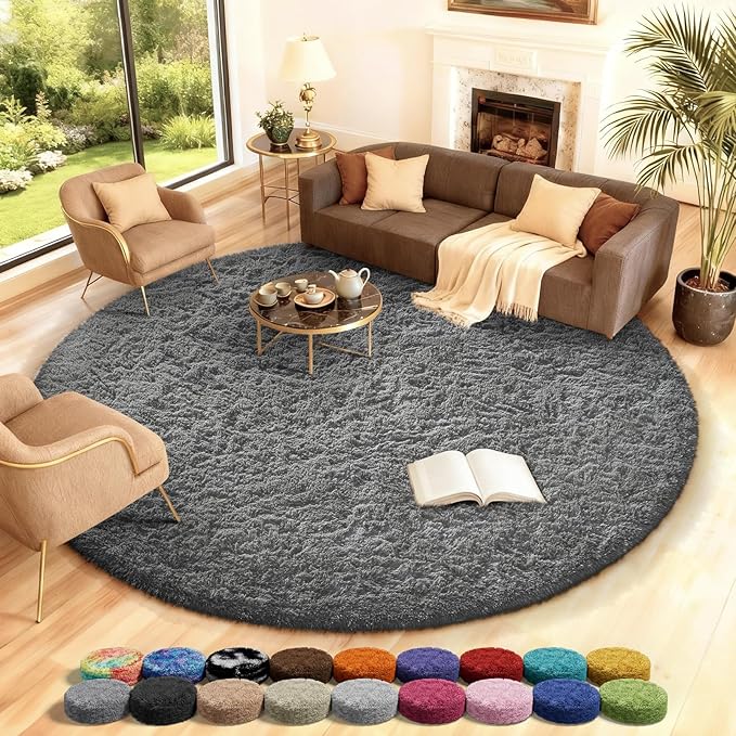 Ophanie Round Rug 8Ft Grey Circle Area Rugs, Large Fluffy Fuzzy Living Room Carpet 8 feet, Plush Shag Solid indoor Floor Gray Bedroom Christmas Circular Aesthetic Decor for Kids Teen Boys Baby,Nursery