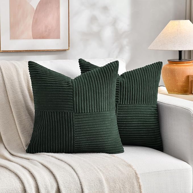Fancy Homi Set of 2 Dark Green Samll Decorative Throw Pillow Covers 14x14 Inch for Living Room Couch Bed, Boho Farmhouse Forest Green Home Decor, Soft Corss Corduroy Patchwork Textured Cushion Case