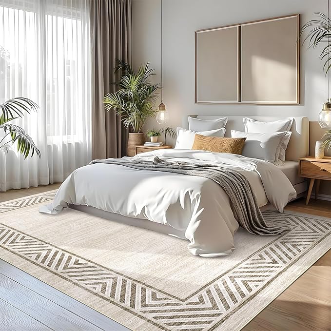 GarveeHome Bordered Bedroom Rugs 5x7 Ultra-Soft Indoor Carpet, Non-Slip Modern Geometric Living Room Rug, Stain-Resistant Neutral Accent Floor Cover for Dining Room, Nursery, Office, Beige