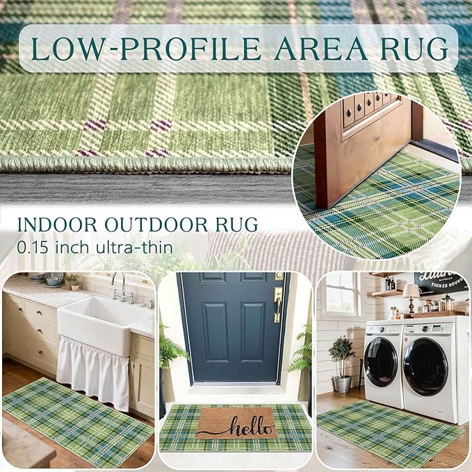 Front Door Mat Indoor Entrance - 2x4.3 Ft Buffalo Washable Layered Doormat Outdoor Entrance Porch Rug Non-Slip Green Teal Plaid Tartan Runner Rug for Kitchen Bedroom Laundry Room Porch Decor