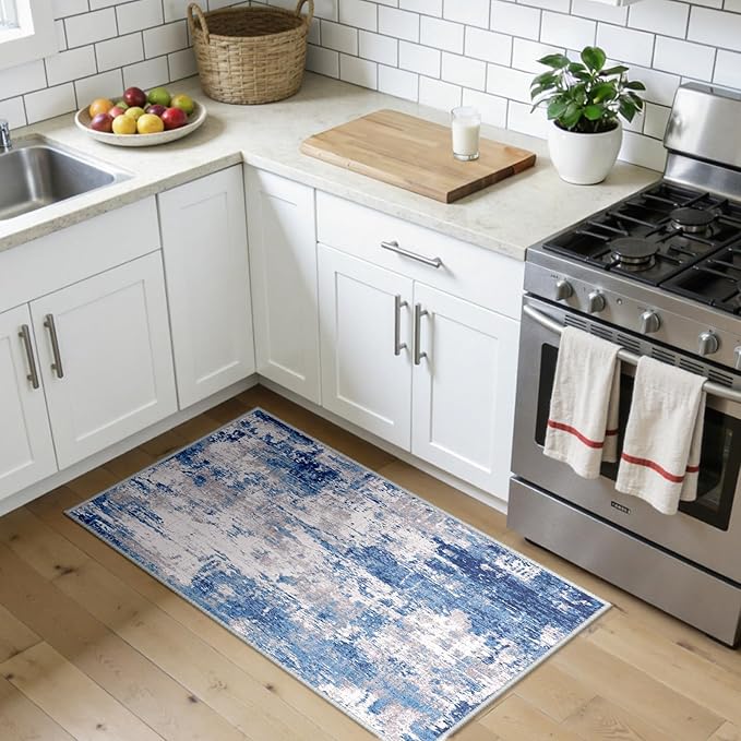 Washable Area Rugs 2'x4' Non-Slip Modern Abstract Soft for Living Room Entryway Bedroom Nursery, Print Pattern, Blue Grey Navy Gray