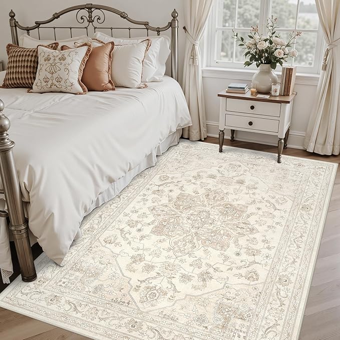 6x9 Area Rugs for Living Room: Vintage Boho Neutral Washable Rug Indoor Soft Large Area Rug Carpet for Bedroom Nursery Farmhouse Dining Room Office Floor Non-Slip Low Pile Under Table Rug Beige White