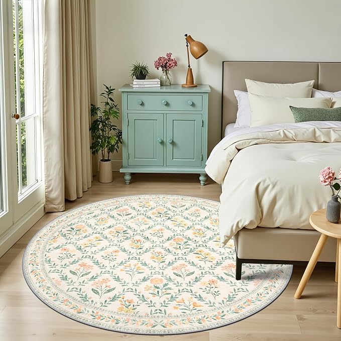 Round Area Rug for Living Room: 6 ft Floral Washable Circle Rug Soft Non-Slip Carpet Indoor Stain Resistant Low Pile Small Circular Rug for Bedroom Entryway Kitchen Nursery Home Office Beige/Multi