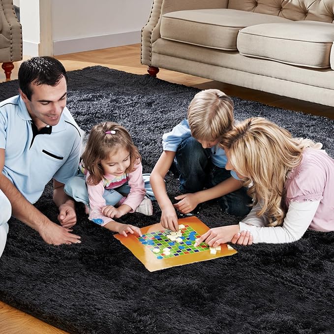 Luxury 6x9 Modern Indoor Home Living Room Area Rugs, Large Fluffy Shag Fuzzy Plush Soft Bedroom Area Rugs, Carpet for Kids Boys Girls Dorm Nursery Home Decor Aesthetic, Non-Skid, Black