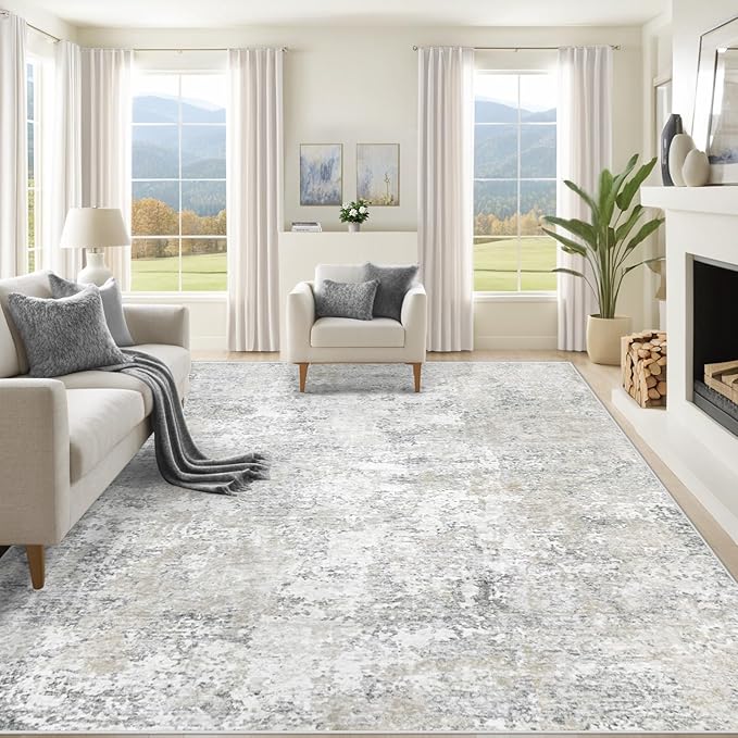 8x10 Area Rugs for Living Room, Washable Modern Abstract Large Area Rug Neutral Soft Non Slip Kids Rug Stain Resistant Indoor Carpet for Bedroom Nursery Dining Room Playroom(BeigeGrey, 8'x10')