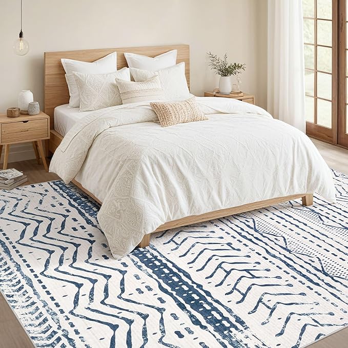 Nakagishi 5x7 Area Rug Living Room: Machine Washable Boho Large Neutral Farmhouse Stain Resistant Indoor Floor Rugs Moroccan Carpet for Bedroom Nursery Dorm Classroom Playroom Dining Room- Navy Blue