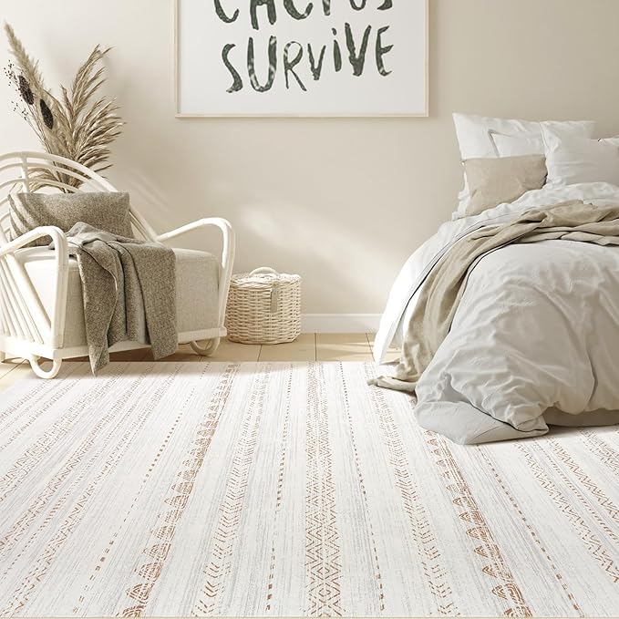 Nakagishi Area Rug Living Room Rugs: 4x6 Soft Machine Washable Boho Neutral Farmhouse Stain Resistant Moroccan Indoor Floor Carpet for Bedroom Nursery Kids Entryway Kitchen Entry Bedside Home- Brown