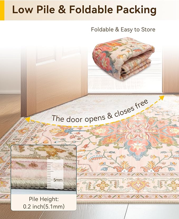 Area Rugs Square 4ft Washable Non-Slip, Floral Vintage Distress Print Pattern Medallion Carpet for Living Room Bedroom Dining Room, Light Pink Colorful