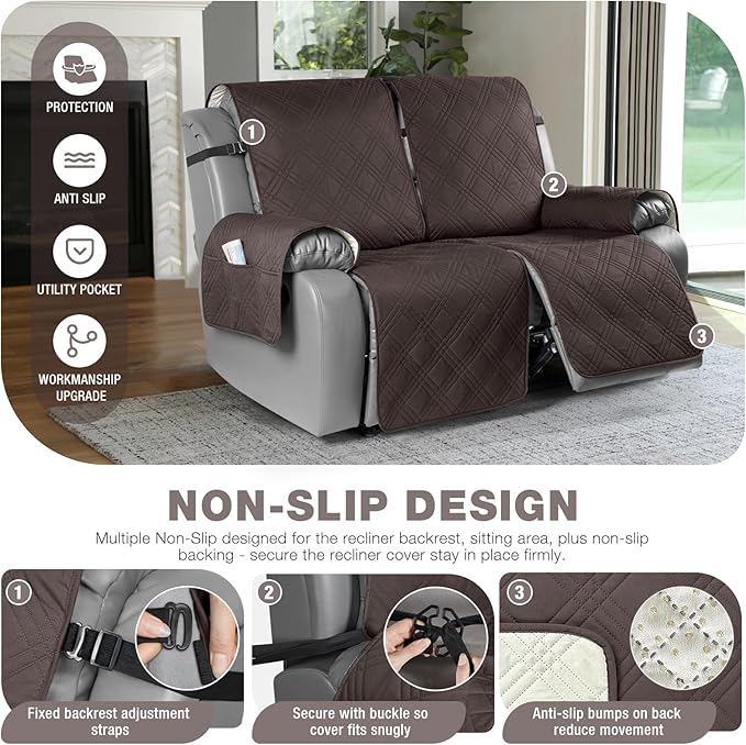 TAOCOCO 100% Waterproof Oversized Loveseat Recliner Cover, Non Slip Split Couch Covers for Reclining Loveseat with Elastic Straps for Kids Pets(Oversized 2 Seater, Chocolate)
