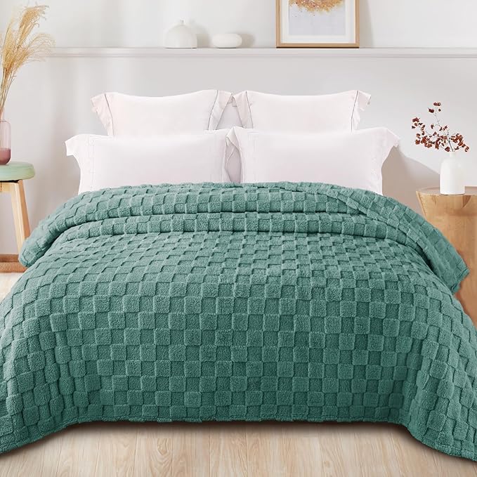 Exclusivo Mezcla Twin Size Flannel Fleece Blanket, Super Soft and Warm Lightweight Checkered Pattern Blankets for All Seasons, 60x80 Inches, Celadon