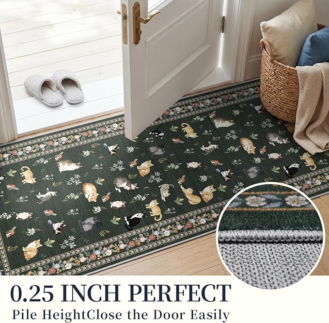 2'6"x8' Washable Kitchen Runner Rug - Soft Low Pile Floral Animal Cat Print Rugs with Non-Slip Backing Waterproof Stain-Resistant Indoor Carpet for Hallway Entryway Bathroom Bedroom (Sage Green)