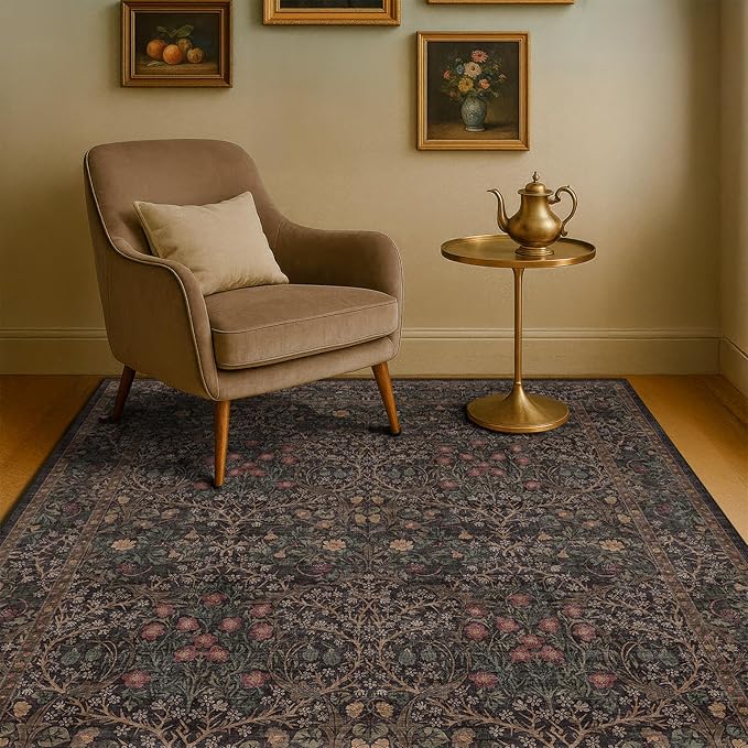 Washable Dark Brown 4x6 Area Rugs for Living Room, Bedroom Bedside Rug, Kitchen, Mudroom, Home Office, Non-Slip Low Pile Ultra Soft Stain Resistant, Small Vintage Taupe Accent Botanical Floral Carpet