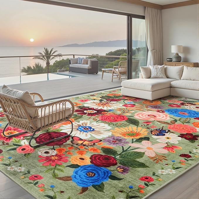 Green Area Rugs 10x14 Living Room, Non Slip Machine Washable Floral Rugs, Low Pile Lightweight Large Rug for Bedroom, Dining Room, Home Office(10 x 14, Green Garden)