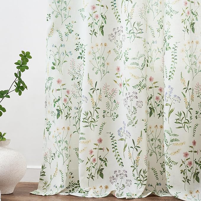 jinchan Floral Linen Blend Curtains for Living Room 84 Inch Length French Country Farmhouse Printed Curtains Sage Green on White Rod Pocket Back Tab Light Filtering Window Drapes 2 Panels