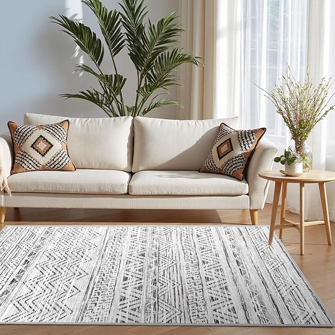 3x5 Washable Entryway Area Rug: Modern Moroccan Small Runner Rug Indoor Soft Non Slip Rug for Living Room Low Pile Thin Floor Carpet for Kitchen Dining Room Bedroom Home Office Decor(3x5,Grey)