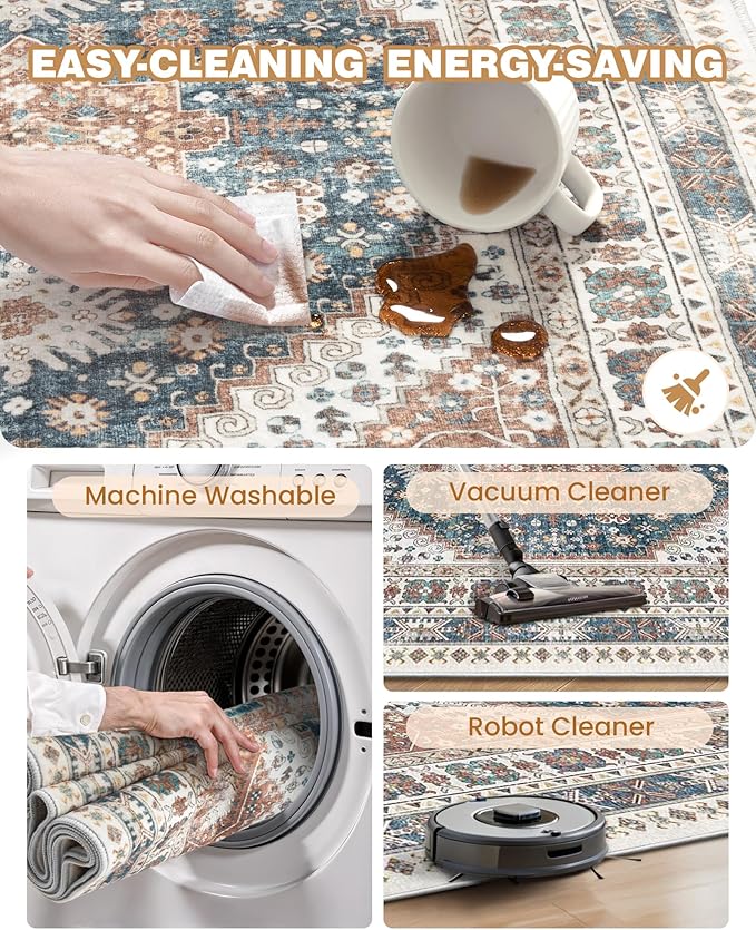 Washable Runner Rug 2.5x14, Non-Slip Long Kitchen Mats for Floor, Vintage Rug for Entryway, Soft Hallway Runner for Dining Room, Bedroom, Living Room(Blue/Red,2.5'x14')