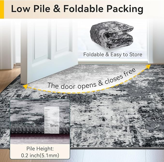 Washable Area Rugs 5'x8' Non-Slip Modern Abstract Soft for Living Room Entryway Bedroom Nursery, Print Pattern, Black Navy Blue Gray
