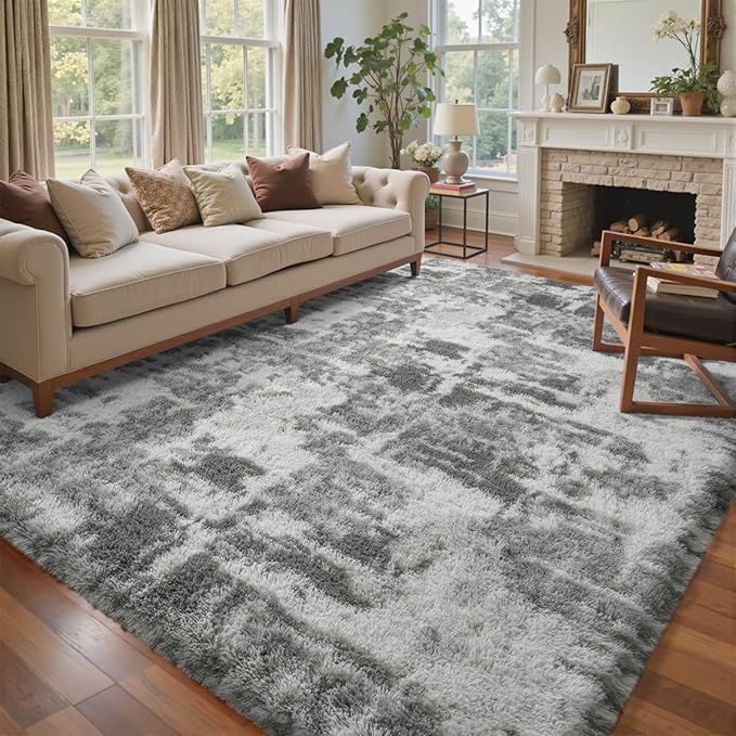Shag Rugs for Bedroom Living Room, Tie-Dyed Ultra Soft Fluffy Furry Area Rugs for Indoor Floor, Aesthetic Carpet for Kids Home Decor,4x6 Ft Grey