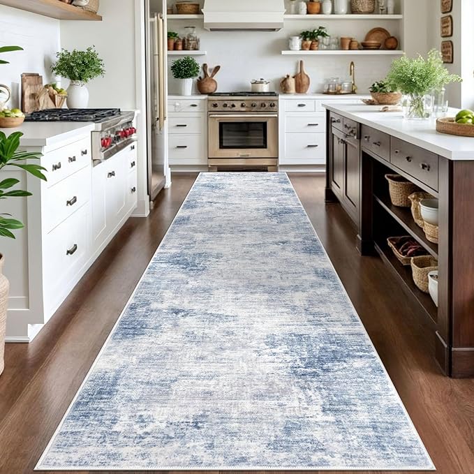 IOHOUZE Abstract Runner Rug 3x14 Ft Washable Runners for Hallways, Non Slip Kitchen Runner Printed Faux Wool Entryway Runner Indoor, Modern Abstract Floor Carpet for Hall Stair, Light Blue Grey