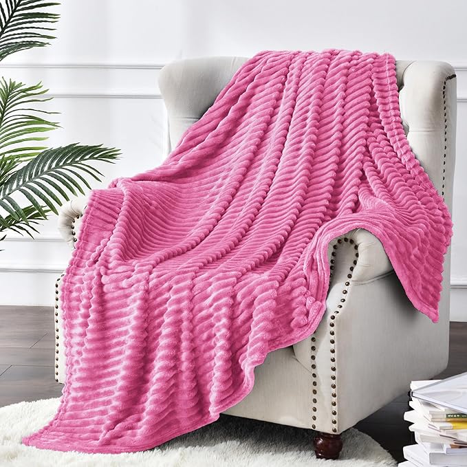 BEDELITE Fleece Throw Blanket for Couch – 3D Ribbed Jacquard Soft and Warm Decorative Fuzzy Blanket – Cozy, Fluffy, Plush Lightweight Hot Pink Throw Blankets for Bed, Sofa, 50x60 inches