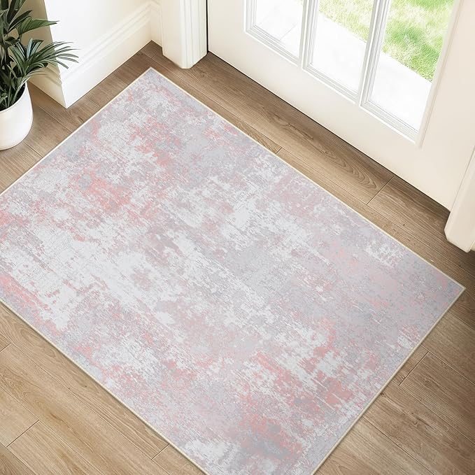 Washable Area Rugs 2'x3' Non-Slip Modern Abstract Soft for Living Room Entryway Bedroom Nursery, Print Pattern, Grey Pink