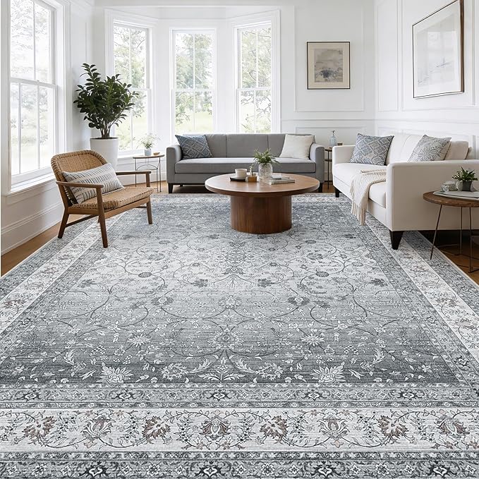 AMADA HOMEFURNISHING 9x12 Area Rugs, Washable Living Room Rug with Non-Slip Backing, Low Pile and Durable Edge Binding, Soft Vintage Floral Rugs for Living Room, Bedroom, Dining Room