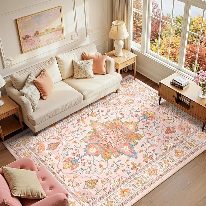 RELEANY Area Rugs 6'x9' Washable Non-Slip, Floral Vintage Distress Print Pattern Medallion Carpet for Living Room Bedroom Dining Room, Light Pink Colorful