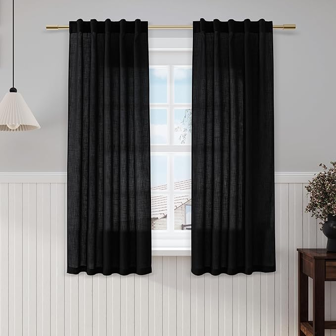 Black Linen Curtains 63 inches Long for Bedroom Back Tab Semi Sheer Curtains Mini Small Window Modern Decor Cotton Textured Gauze Curtain for Bathroom Kitchen Door Basement 2 Panel Set 38x63