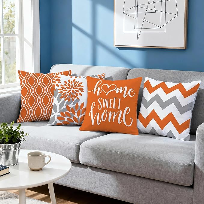 Hexagram Geometric Orange Pillow Covers 18x18 Set of 4, Decorative Outdoor Boho Modern Throw Pillow Covers, Home Sweet Home Farmhouse Cushion Case for Couch Sofa Bedroom Indoor Decor(No Insert)