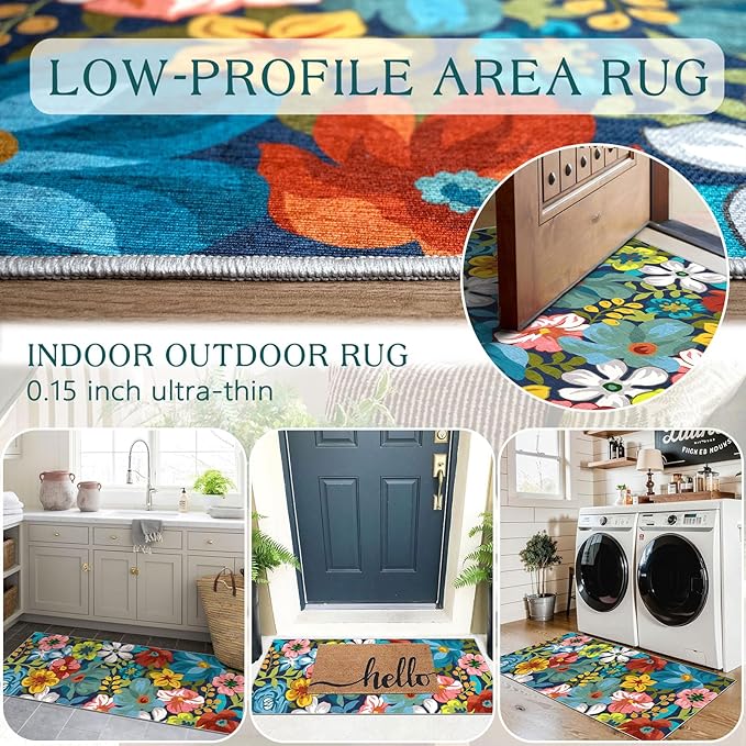 Front Door Mat Indoor Entrance - 2x4.3 Ft Floral Washable Layered Doormat Outdoor Entrance Porch Rug Non-Slip Spring Colorful Flower Runner Rug for Kitchen Bedroom Laundry Room Porch Decor