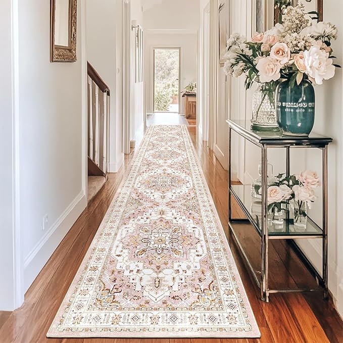 Madane Hallway Runner Rug 2x12, Extra Long Washable Runner Rugs with Rubber Backing, Non Slip Carpet Runner, Vintage Medallion Rug Runners for Kitchen Laundry Room Entryway (Pink, 2'x12')