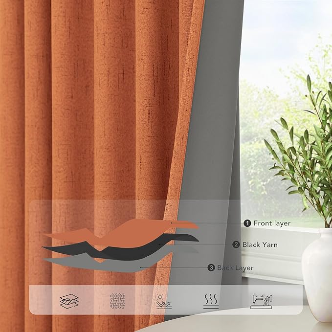 Pitalk Blackout Burnt Orange Curtain for Bedroom 96 Inch Length 2 Panels Back Tab Pocket Room Darkening Privacy Thermal Ochre Dark Orange Black Out Linen Drape for Living Room 52x96 Long Western Decor