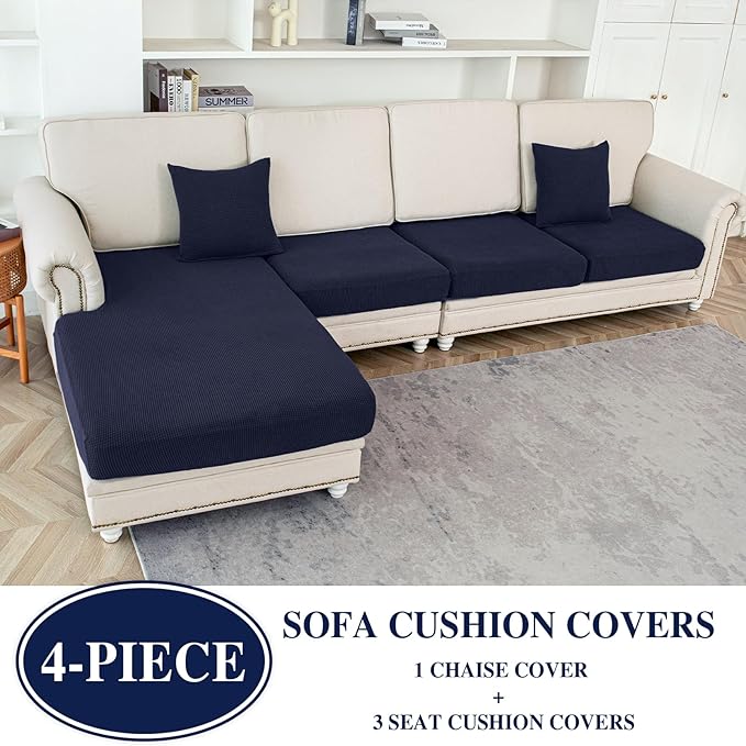 Couch Cushion Covers for Sectional Sofa L Shape Washable Separate Seat Chaise Couch Cover Stretch Sofa Slipcovers with 2 Pcs Pillowcases(3 Seater + 1 Chaise, Navy)