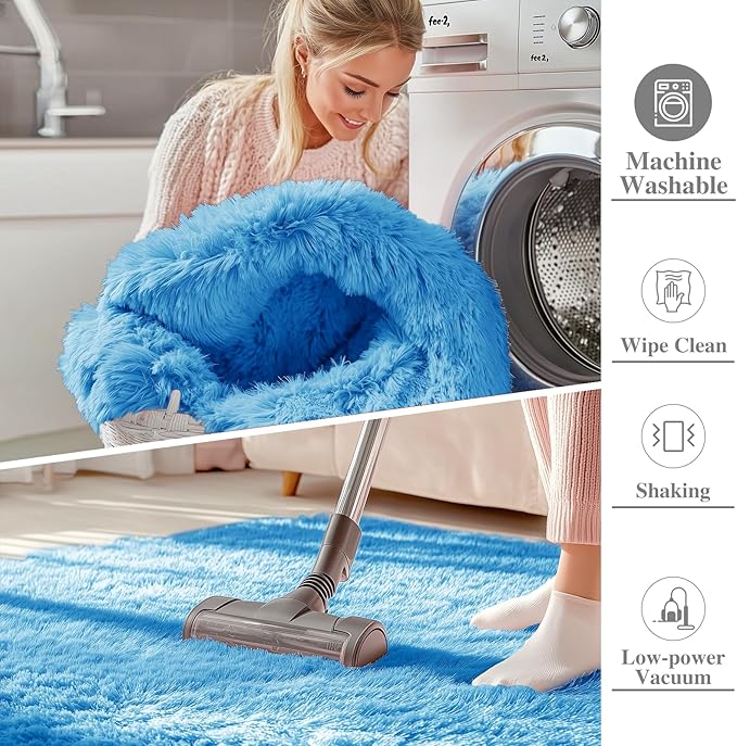 OLANLY 2x3 Machine Washable Small Bedside Rug, Soft Fluffy Shaggy Entryway Throw Rugs for Bedroom, Living Room, Indoor Floor Carpet for Kids Girls and Boys, Home Decor Aesthetic, Bright Blue