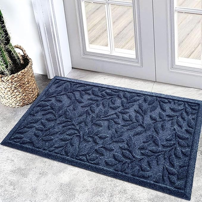 Bulijojo Sturdy Front Entrance Doormats,Durable Heavy Duty Welcome Mat,Thick Absorbent Natural Rubber Non Slip Mat,Easy Clean Entryway Mat 17x30 Inch Leaves Blue