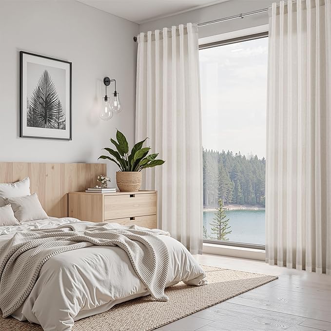 Nanspring Pearl White Linen Curtains for Living Room 72 Inches Long Luxury Light Filtering Semi Sheer Curtain Back Tab Coastal Decor Neutral Elegant Gray Drapes for Bedroom Office 52x72, 2 Panels