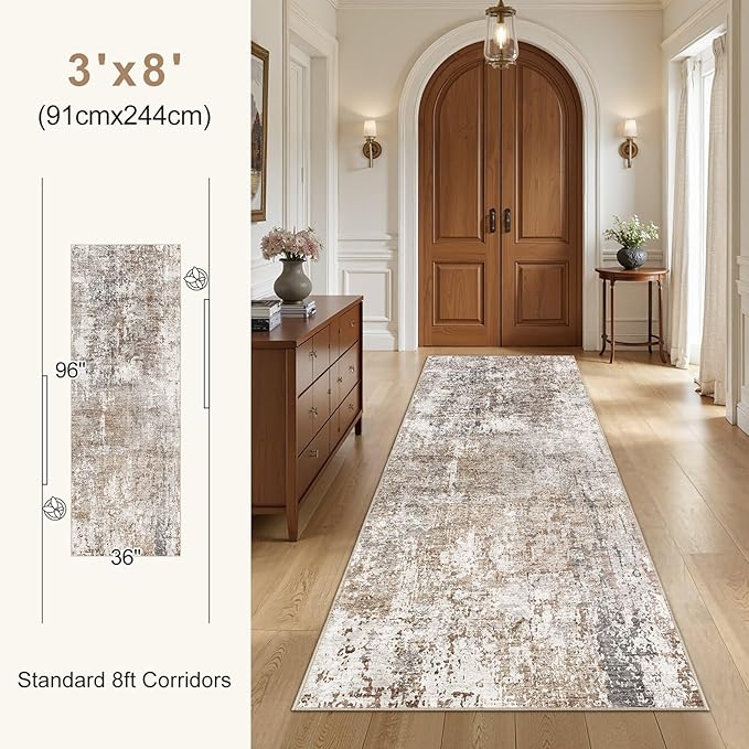 UERMEI 3X8 Washable Runner Rug for Hallway: Soft Neutral Modern Abstract Area Rug - Non-Slip Low Pile Long Throw Indoor Carpet for Kitchen Entryway Kitchen Bedroom Laundry Bathroom - Brown/Grey/Red
