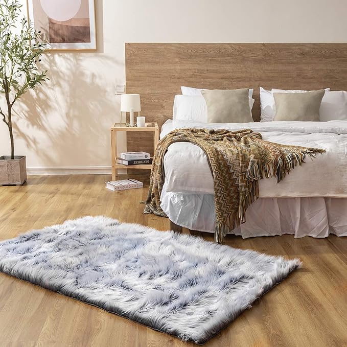 Ashler Faux Fur Rug, Fluffy Shaggy Area Rug Ultra Soft 3 x 5 Feet Rectangle Fur Rug Frosted Bottom Blue Fuzzy Rug Machine Washable Shag Rug, Nursery Decor Throw Rugs for Bedroom, Living Room