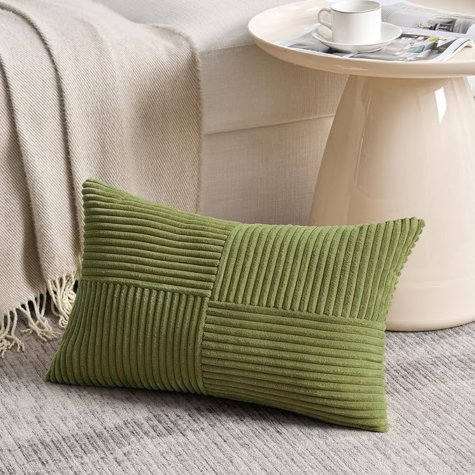 Fancy Homi 2 Packs Moss Green Long Lumbar Decorative Throw Pillow Covers 16x24 Inch for Couch Bed Sofa, Rustic Farmhouse Boho Home Decor, Soft Striped Corduroy Rectangle Accent Cushion Case 40x60 cm