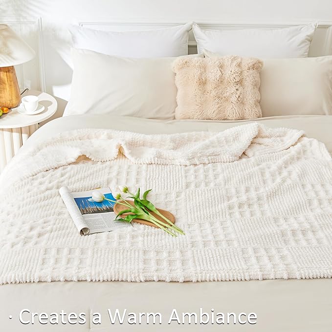 EXQ Home Fleece Throw Blanket for Couch or Bed - 3D Waffle Patchwork Pattern Jacquard Decorative Blankets - Cozy Soft Lightweight Fuzzy Flannel Blanket Suitable for All Seasons(50"×60",Beige)