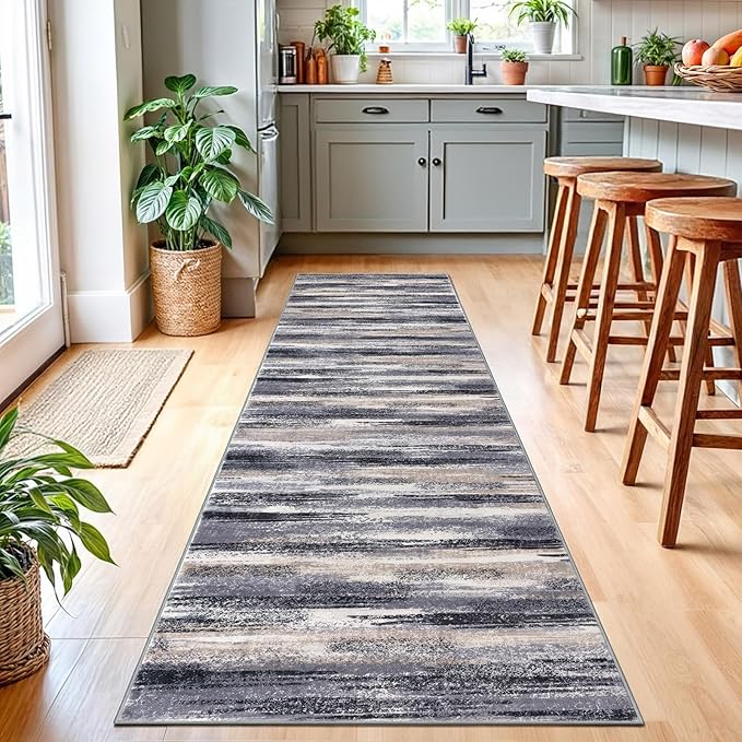 Lansny Modern Abstract Runner Rug 2.6x10, Grey Black Multi Washable Long Kitchen Runner Non-Slip Soft Hallway Rug Runner Thin Print Faux Wool Carpet for Entryway Bedroom Laundry Room Indoor Home Decor